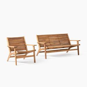 Ensemble de chaises longues d'extérieur en teck massif, 2 pièces, canapé à lattes avec fauteuils - Product Image 1