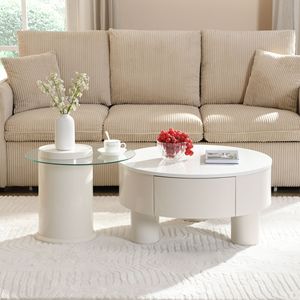 Set of 2 <b>Round</b> <b>Nesting</b> <b>Coffee</b> <b>Tables</b> with Storage Drawer for Living Room Decor - Product Image 3