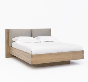 Lit plateforme moderne minimaliste en teck massif sculpté à la main avec rangement et tête de lit capitonnée, taille King, pour chambre à coucher - Product Image 2