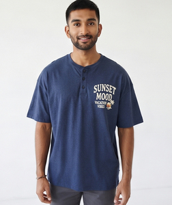 Men's Navy Blue Short Sleeve <b>Henley</b> T-Shirt Print Loose Fit Casual Polyester/Cotton <b>Top</b> Light Weight Drop Shoulder Hip Hop Quick - Product Image 3