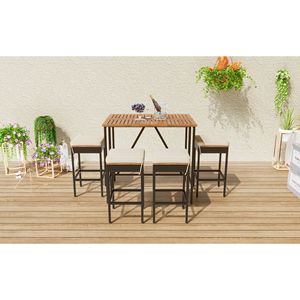 5-Piece Acacia Wood Bar Height Dining <b>Table</b> with Four Stools Cushions Outdoor <b>Garden</b> PE Rattan Wicker <b>Foldable</b> Furniture Set - Product Image 4