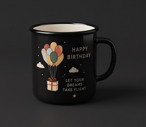 Custom Black Outdoor <b>Camping</b> Iron Enamel <b>Mug</b> with Birthday Balloons Graphic Lightweight Shatterproof Metal Coffee Cup - Product Image 3