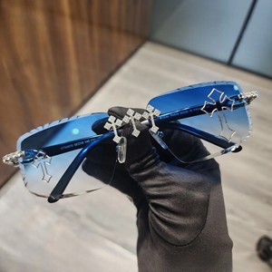 Luxurious Hip Hop Blue Lens <b>Sunglasses</b> for Men Moissanite Diamond Studded Cross Design Anti-Reflective Rapper Jewelry Fashion - Product Image 1