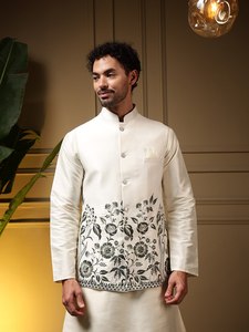 Conjunto de Kurta y Pantalón Daman Koti de Seda Pesada para Hombre con Bordado y Lentejuelas, Traje Étnico de Seda Slub para Fiestas y Bodas - Product Image 4