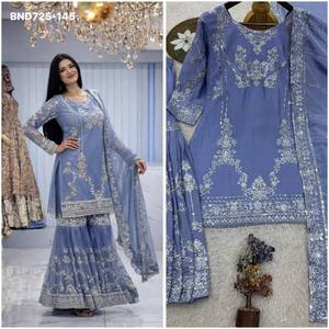 Nouvelle tendance élégante en matière de vêtements : ensemble Kurti-Sharara-Dupatta en chinon allemand avec broderie et travail de sequins, exportateur indien. - Product Image 6