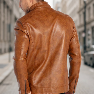 Chaqueta de Motociclista de Cuero PU Marrón para Hombre, Cuello Alto, Cierre de Cremallera, Corte Ajustado, Largo Regular, Color Sólido, para Otoño - Product Image 2