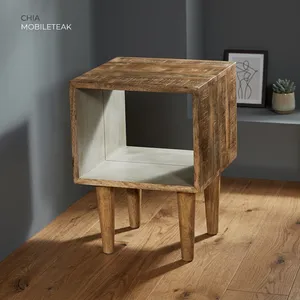 Rustic Wooden Bedside Cube Table with Open <b>Shelf</b> and <b>Tall</b> Tapered Legs for Bedroom - Product Image 4