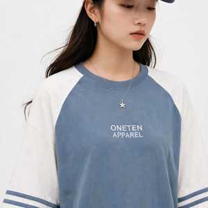 Camiseta de Verano Casual para Mujer, Corte Holgado, 100% Algodón Jersey, Bloques de Color Azul y Blanco, Manga Raglán Corta, Puño a Rayas - Product Image 6