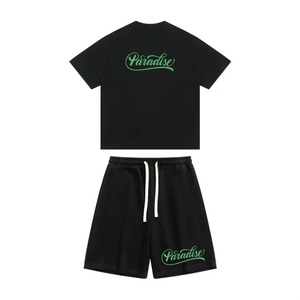 Conjunto Casual de Verano para Hombre de 2 Piezas con Logotipo Personalizado, Camiseta Vintage Estampada de Corte Cuadrado 100% Algodón Lavado al Ácido y Pantalones Cortos Deportivos de Punto - Product Image 3