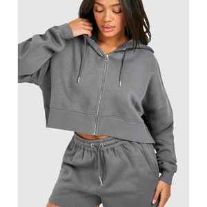 Conjunto Deportivo de Mujer en Color Gris Sólido, de Algodón, con Sudadera con Cremallera y Manga Larga, Pantalones Cortos, Estilo Casual, Transpirable, Holgado, para Otoño - Product Image 6