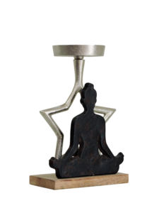 Statue de yoga moderne en aluminium, figurine de méditation zen avec fond étoilé sur socle en bois – Décoration contemporaine porte-bougie chauffe-plat - Product Image 5