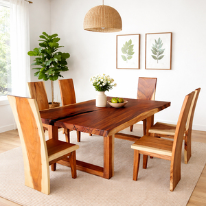 Juego de Mesa de Comedor Rectangular de Madera de Suar Dhifa con Sillas de Comedor de Madera Maciza con Borde Natural, Muebles de Madera Maciza para Uso en Hoteles y Restaurantes - Product Image 4