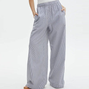 Street Wear Stylish Mid Waist Women Wide Leg <b>Trouser</b> Elastic Waist Loose Fit 100% Cotton <b>Summer</b> Pants <b>for</b> Work Business Daily - Product Image 1