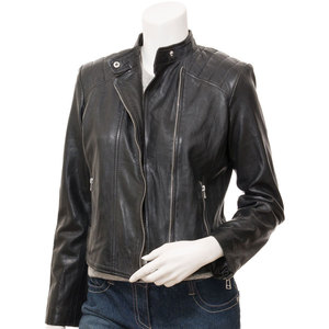 Women Genuine <b>Leather</b> Biker <b>Jacket</b> Fashion Motorcycle Coat OEM Supplier Full Sleeve Stand Collar Zipper Closure Solid Color - Product Image 3
