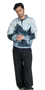 Blouson Bomber Homme Bleu Teal à Motif Montagne, Fermeture Éclair Intégrale, Bordures Côtelées, Imprimé Personnalisé, Style Streetwear, Blouson Universitaire, Fabricant OEM - Product Image 3