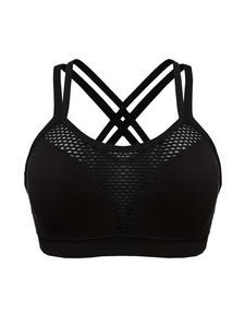 Mesh Panel Sports Bra Women Criss <b>Cross</b> Strappy Back Yoga Crop <b>Top</b> Seamless Padded Gym Workout Fitness Activewear Bralette - Product Image 2