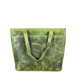 Sac fourre-tout en cuir véritable vert, couleur unie, fermeture ouverte, style minimaliste, usage quotidien, toutes saisons, sac à main pour femmes - Product Image 1