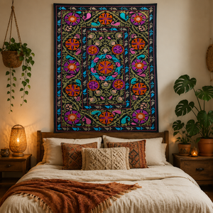 Couvre-lit traditionnel en coton brodé Suzani, noir, multicolore, floral, paisley, fait main, décoration intérieure indienne bohème - Product Image 5