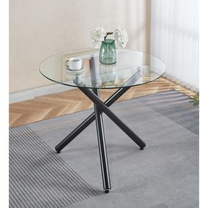 Tavolo da Pranzo Moderno Rotondo in Vetro Temperato con Gambe in Metallo Nero Salvaspazio per Cucina o Soggiorno - Product Image 1