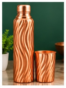 Ensemble de bouteille et de tasse à eau en cuivre antioxydant avec couvercle, motif feuille de bambou, thermos de voyage portable - Product Image 2