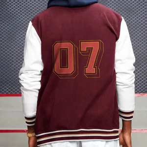 Men's Maroon White Varsity Jacket Corduroy Wool/Viscose Turn-down Collar <b>Covered</b> <b>Button</b> Closure Regular Fit Eco-Friendly - Product Image 6