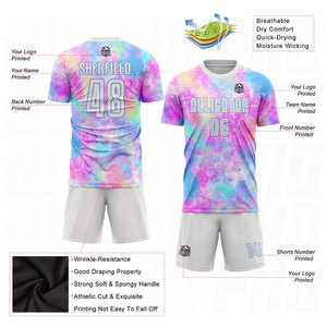 Maillot de football personnalisé en sublimation tie-dye blanc et bleu clair, respirant et anti-humidité, pour équipe de football - Product Image 5
