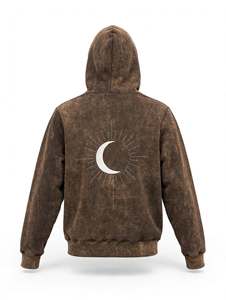 เสื้อฮู้ดดี้สีน้ำตาลวินเทจสไตล์ย้อนยุคสำหรับผู้ชาย ทรงโอเวอร์ไซส์ ลายกราฟิกพระอาทิตย์และเมฆ ผ้าฟลีซหนานุ่ม ขายส่งแบบกำหนดเองได้ - Product Image 3