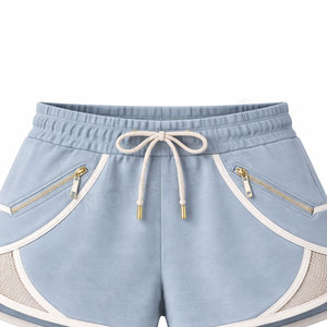 Shorts de sport taille haute bleu clair pour femme avec poches zippées, cordon de serrage, tricoté, respirant, coupe décontractée - Product Image 5