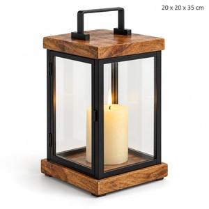 Lanterne à bougie rectangulaire en bois de manguier avec cadre en fer noir, écologique et durable |   Décoration rustique pour la maison en gros - Product Image 1