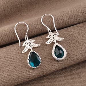 Womens 925 Sterling <b>Silver</b> Bohemian Luxury Wedding Drop <b>Earrings</b> Geometric Pattern <b>Blue</b> Apatite Bezel Set Handmade Dangle - Product Image 5