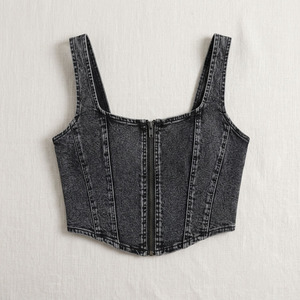 Chemise corset en jean Y2K délavé personnalisé pour femme, col carré, sans manches, crop top zippé sur le devant, décontracté, printemps-été, streetwear, débardeur - Product Image 5