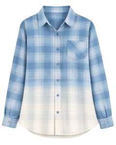 Camisa de Franela a Cuadros Azul Degradado Personalizada para Mujer, Manga Larga, Cierre de Botones, Estilo Casual, Mezcla de Algodón, Blusa para Otoño e Invierno - Product Image 1