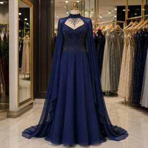 Vestido de Noche Largo Azul con Cuentas, Cuello Alto y Corte Sirena, con Mangas Cortas para Mujer - Eventos Formales, Bodas, Graduaciones, Galas - Product Image 1