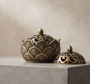 Handmade Metal Aluminum <b>Incense</b> <b>Cone</b> Holder Lotus Bowl Burner Scroll Cutout Lid Catcher - Product Image 2