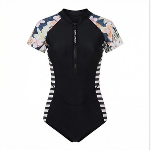 Women One Piece Swimwear Black Floral Sleeve Striped Side Zip Front Spandex Polyester Quick Dry Contrast Binding Stand Collar - Product Image 1