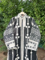 Veste bomber longue d'hiver pour femme, en velours tricoté à la main, respirante, en coton brodé, de luxe |   Broderie florale artisanale indienne