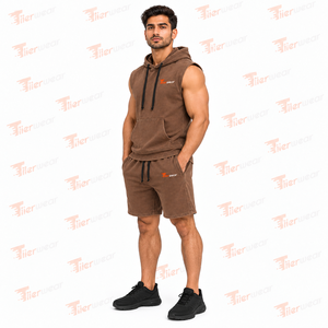 <b>Men's</b> Brown Acid Wash Sleeveless <b>Hoodie</b> <b>and</b> <b>Shorts</b> <b>Set</b> Summer Cotton French Terry Streetwear Outfit <b>Hoodie</b> Summer <b>set</b> - Product Image 3
