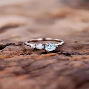 Vintage Aquamarine Opal Engagement Ring Art Deco Moissanite Wedding 925 14K Rose Gold Plated Band Pear Unique <b>Women</b> Bridal Rings - Product Image 4