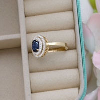 Anillo de Compromiso de Oro Amarillo de 14K con Zafiro Azul Ovalado y Doble Halo de Diamantes, Joyería Fina de Lujo, Gema Auténtica