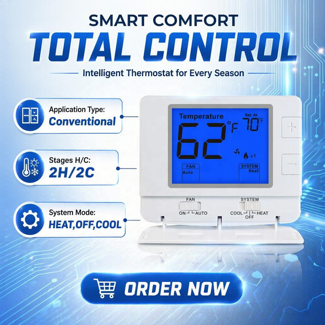 Electronic Big LCD 24V Non-programmable HVAC Multi Stage 2 Heat 2 Cool Thermostat for Air Conditioning