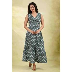 เดรสยาวพิมพ์ลายผ้าฝ้ายสำหรับผู้หญิง ชุดแม็กซี่โบโฮอินเดียทำมือ ชุดใส่ไปเที่ยวทะเลฤดูร้อน ชุดลำลองสำหรับงานเทศกาล - Product Image 1