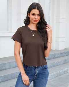 T-shirt en tricot décontracté pour femme Stile, col rond, manches courtes, coupe ample, séchage rapide, couleur unie, toutes saisons, marron foncé - Product Image 2