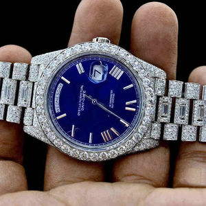 Montre mécanique de luxe avec diamants naturels, bracelet jaune en acier inoxydable, cadran à aiguilles bleu marine, cadeau idéal pour homme - Product Image 5