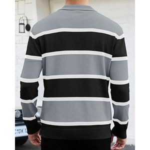 Pull tricoté rayé pour homme à col et demi-zip, manches longues, style décontracté pour le golf, teint uni, 95% coton, anti-rétrécissement - Product Image 2