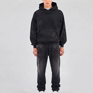 OEM Clothing Manufacturer Custom Logo Rhinestone Winter Hoodie and Joggers <b>Tracksuits</b> for <b>Men</b> 100% Cotton Windproof Streetwear - Product Image 1