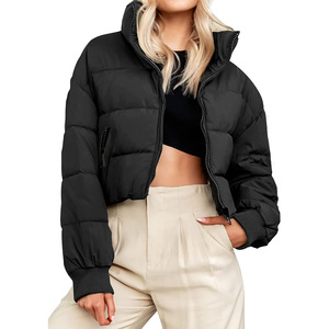 Veste matelassée courte unisexe noire coupe-vent avec fermeture éclair, col montant, manteau d'hiver décontracté en polyester épais - Product Image 1