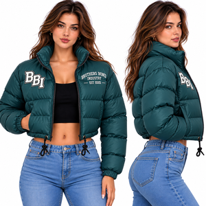 Navy Blue Cropped Knitted Cotton Puffer Jacket Two Tone Color Block <b>Bubble</b> <b>Coat</b> Stand Collar Waterproof Lightweight Streetwear - Product Image 3