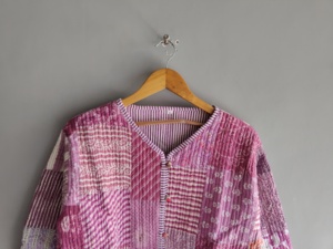 Quilted <b>Patchwork</b> <b>Jacket</b> Women's V-Neck Three Quarter Sleeve Cotton Autumn Style Button Closure Regular Length gifts for her - Product Image 4