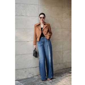 Q1001 Jeans à jambes larges et taille haute pour femmes, extensibles, décontractés, pour le bureau, pantalons de travail, prêts à être expédiés - Product Image 4