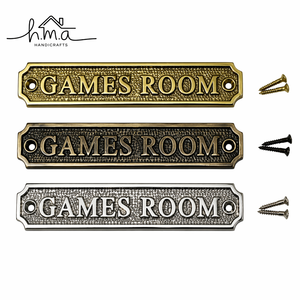 Vintage Brass Games Room Door Sign Antique Style Wall Plaque Decorative Game Area <b>Name</b> <b>Plate</b> Retro Brass Home Entertainment Sign - Product Image 1